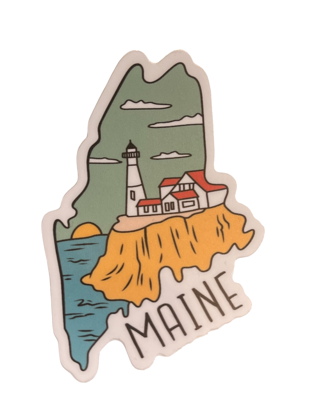 Maine State Outline with Lighthouse Sticker - 4” x 2"